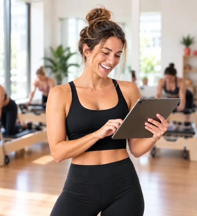 Trainerin mit Tablet im Studio